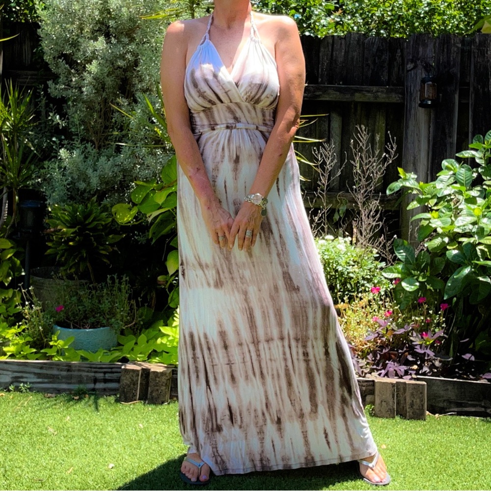 Maxi halter sundress, cotton blend, braided tie. Taupe & cream tie dye Sz L